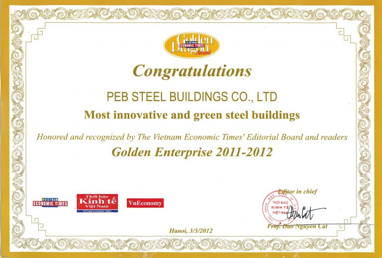 PEB Steel’s Golden Dragon Award for “Most Innovative and Green Steel Buildings”.