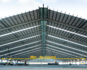 photo of a pre-engineered steel building built by PEB Steel with 96m clear span